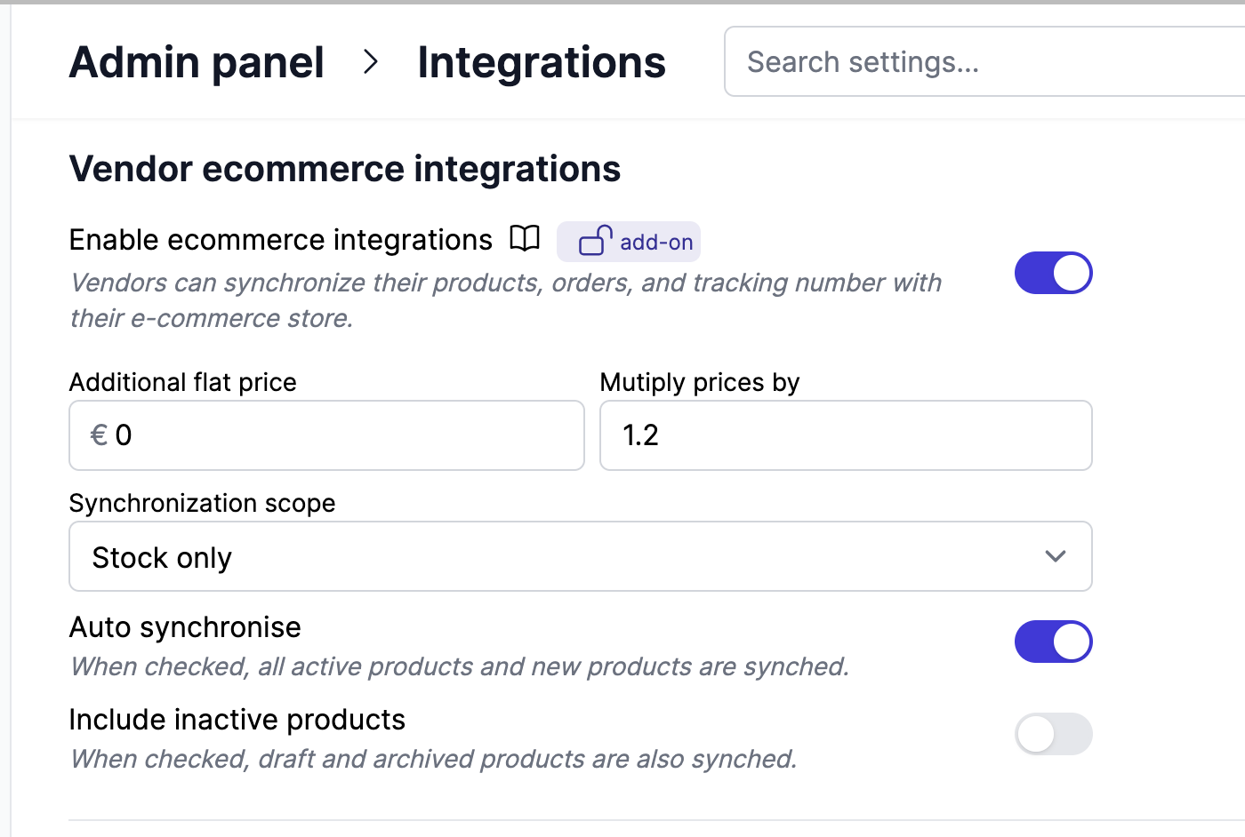 Default integration settings in admin panel