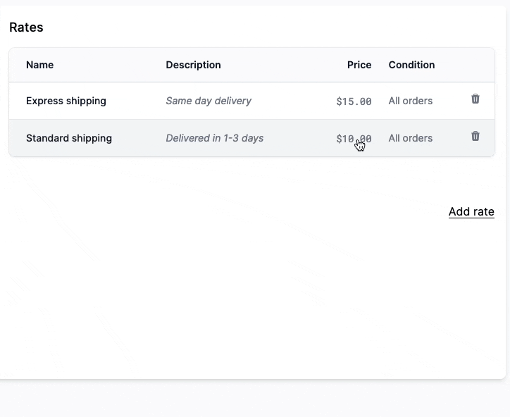 Vendor-specific flat shipping rate interface screenshot