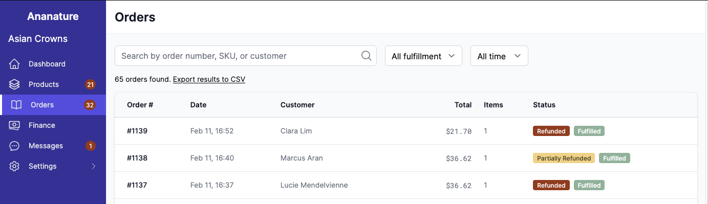 Order statuses screenshot