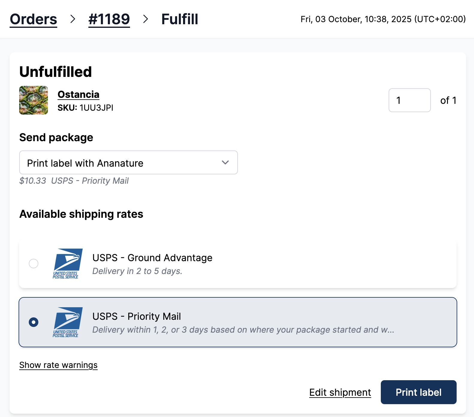 Fulfill order by purchasing a label