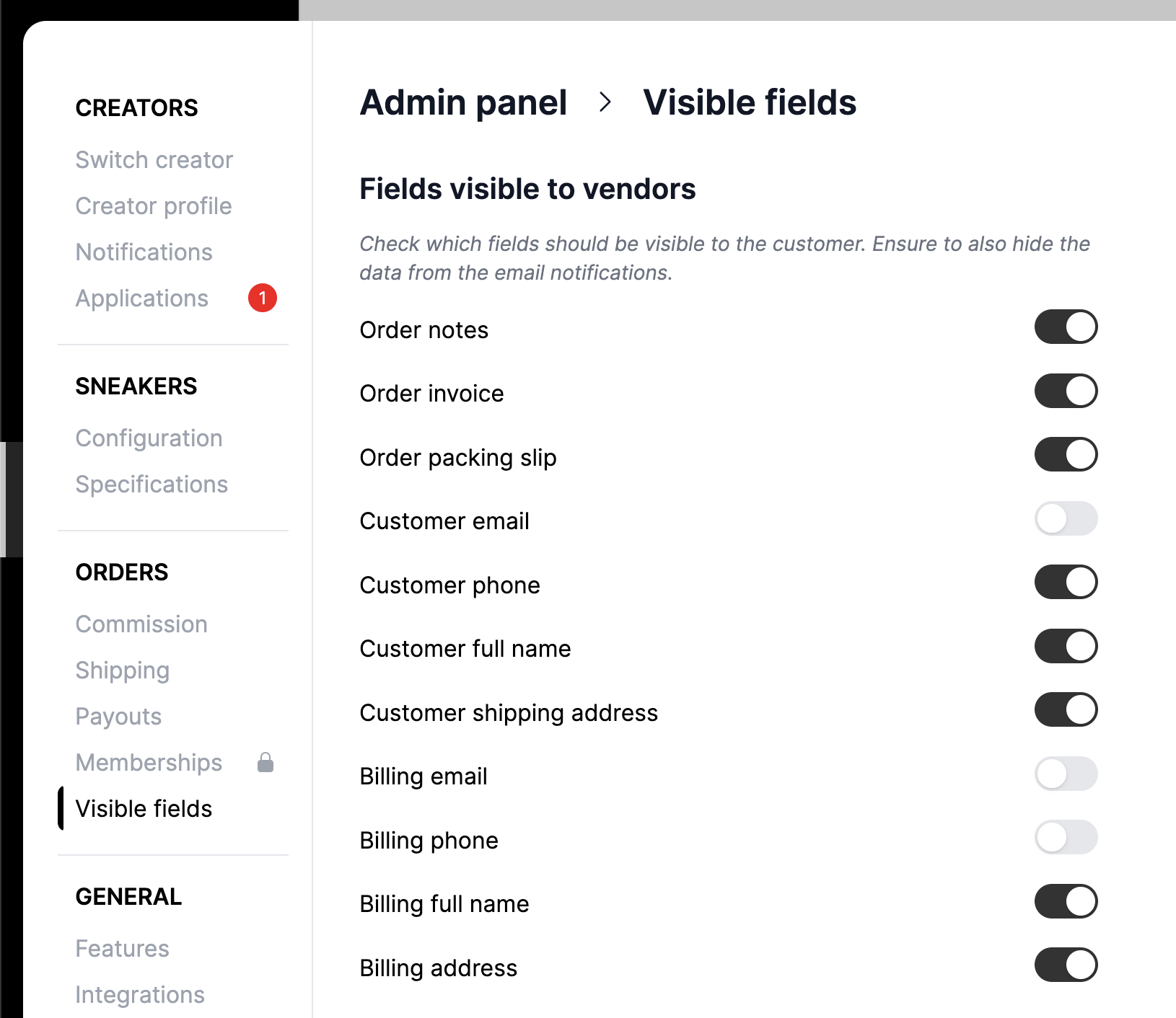 Visible fields settings