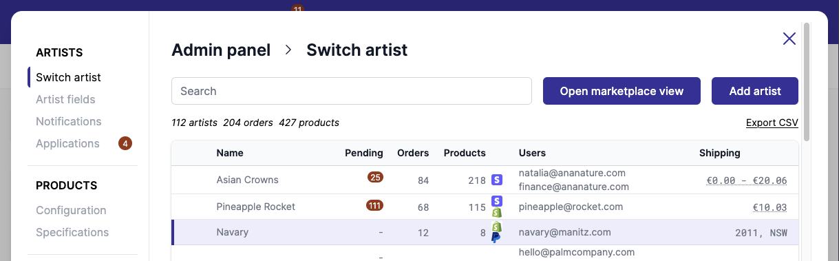 Overview list of shipping options