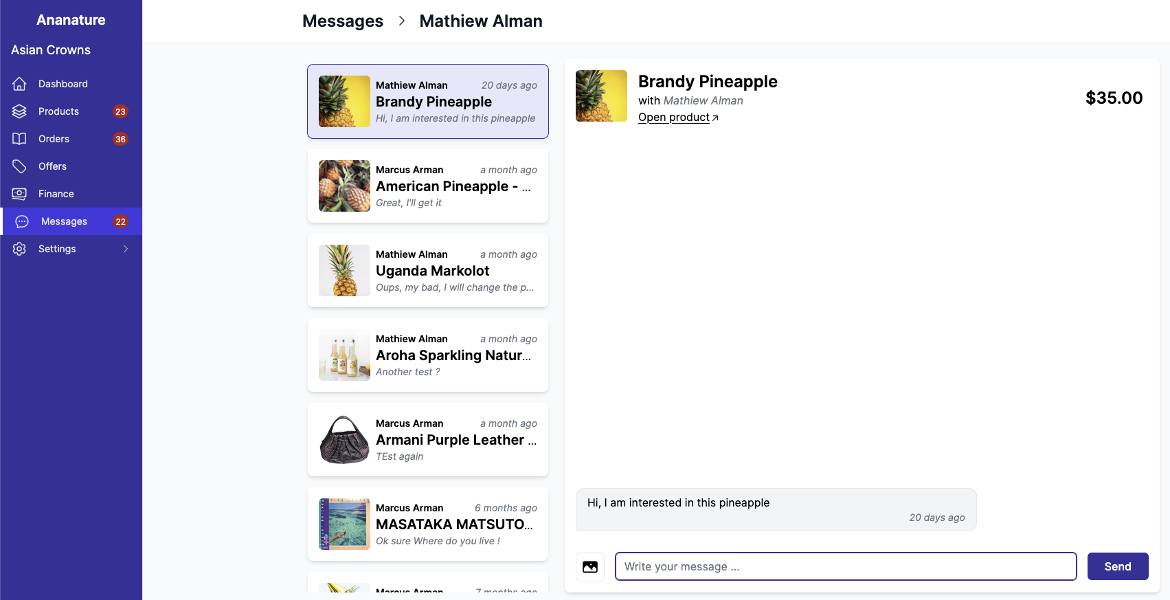 Vendor view messages in Garnet Marketplace