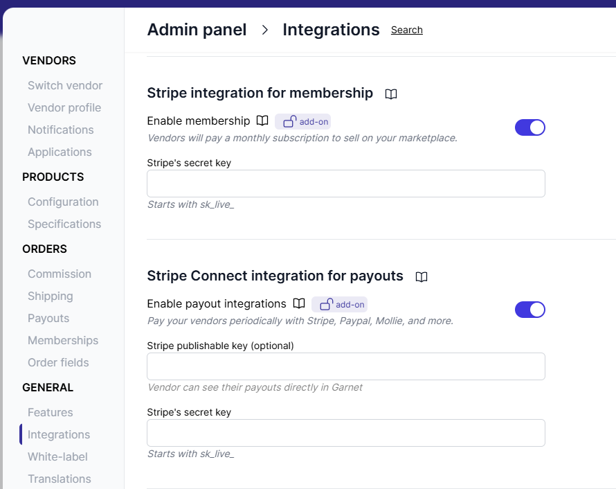 Payment settings on Garnet