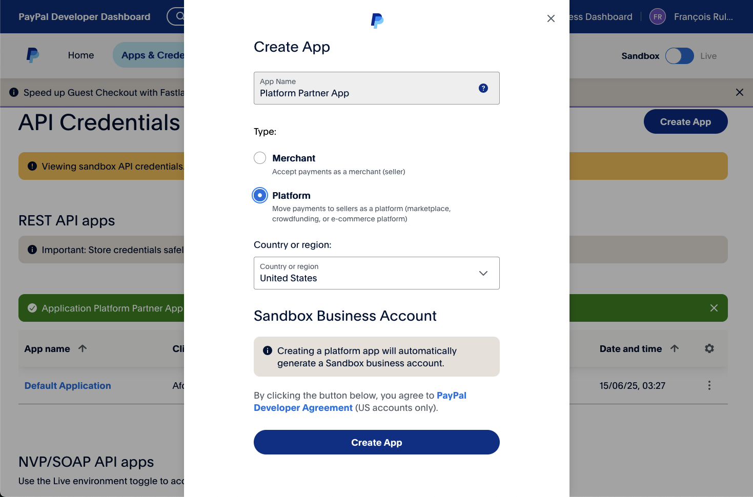 Paypal create app screenshot
