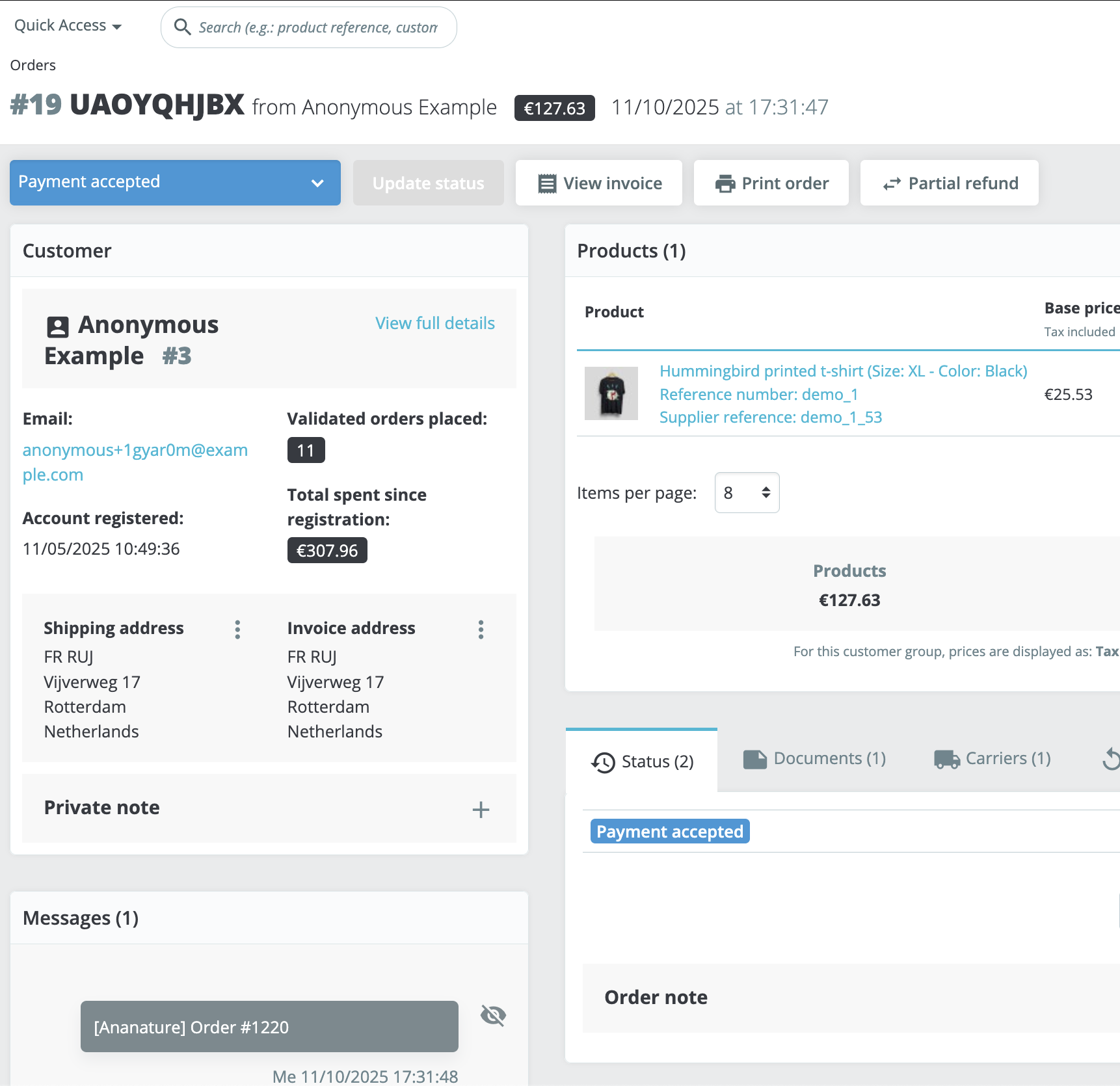 Prestashop order example