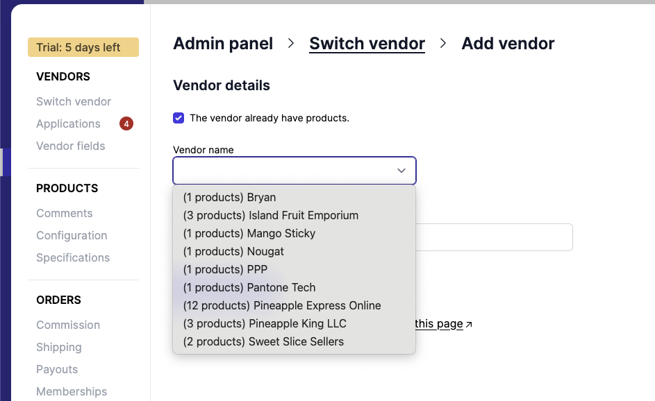List existing vendor and product count