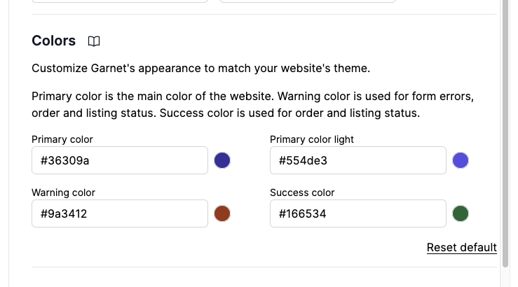 how to set garnet marketplace colors