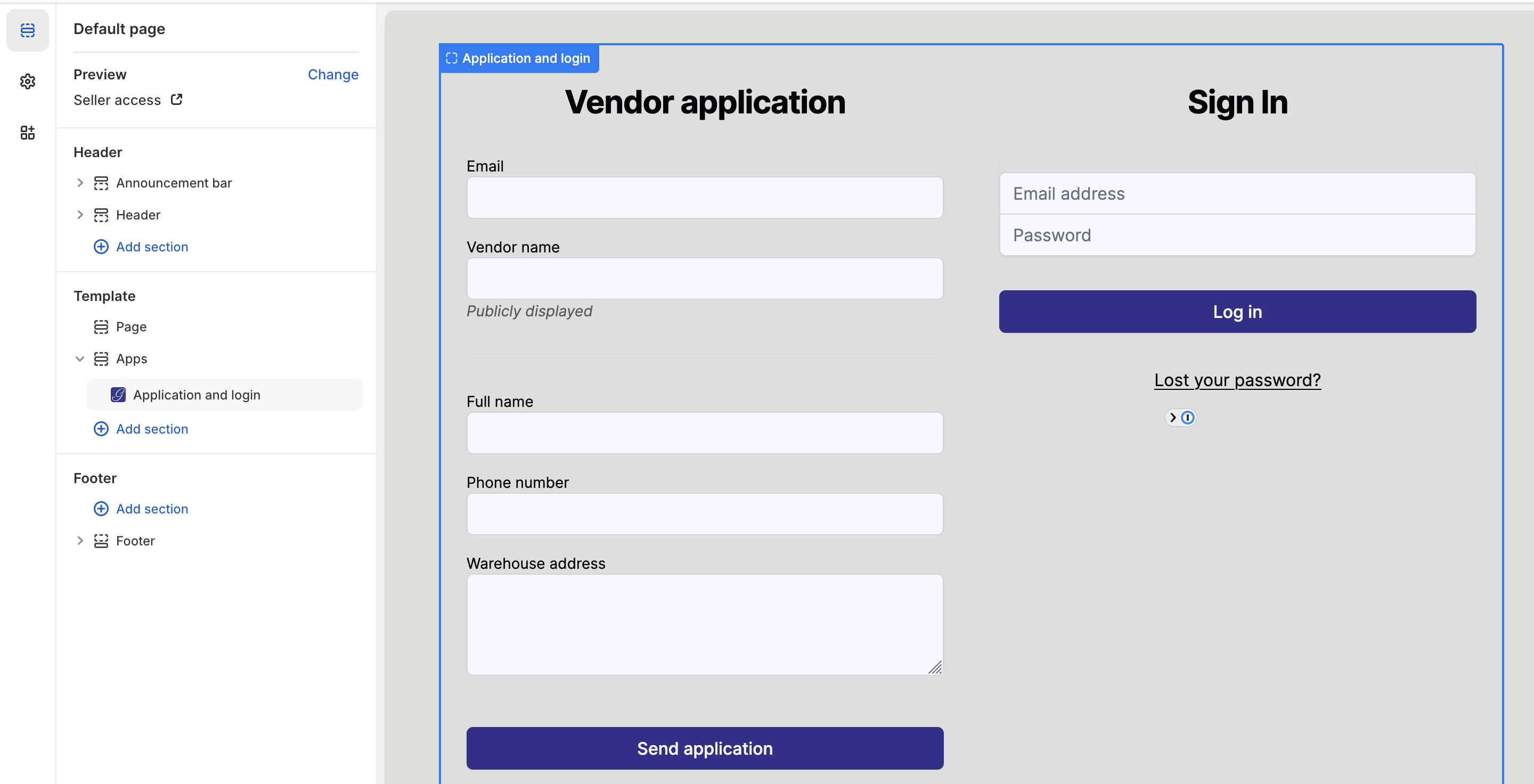 Theme component vendor application and login