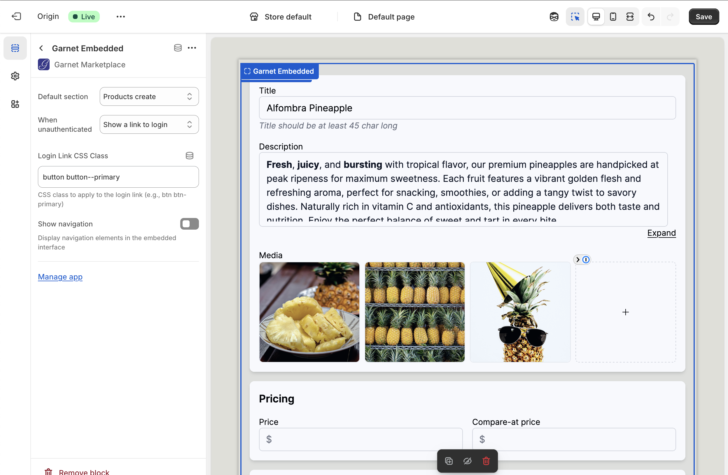 Embedded Garnet Marketplace portal
