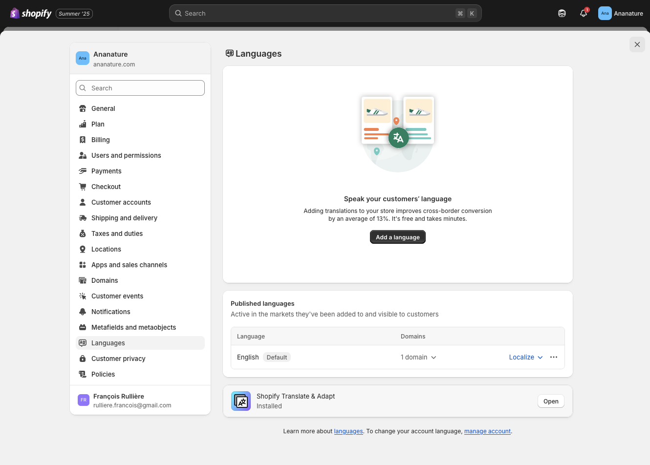 Activate translation in Shopify