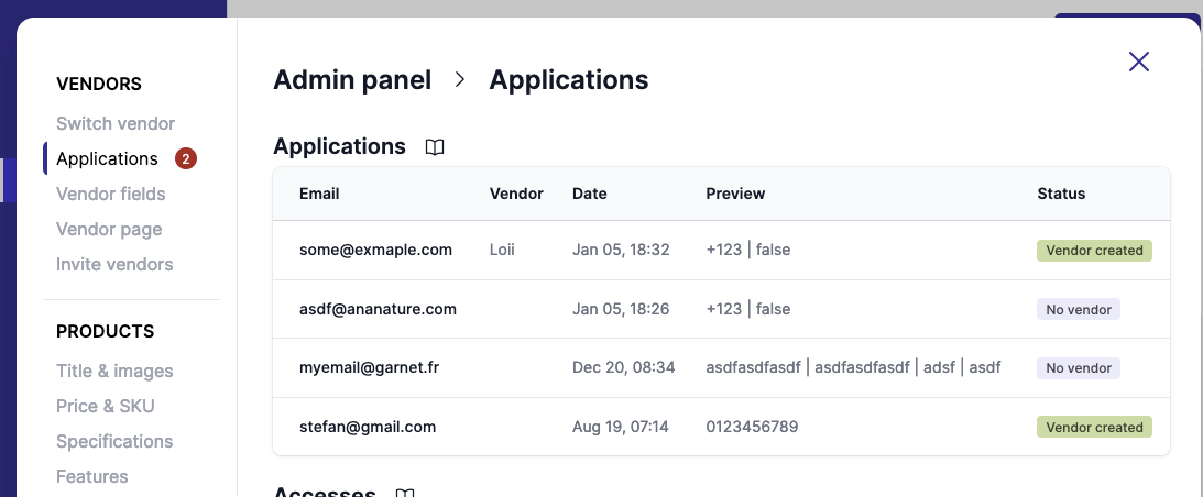 Vendor application list
