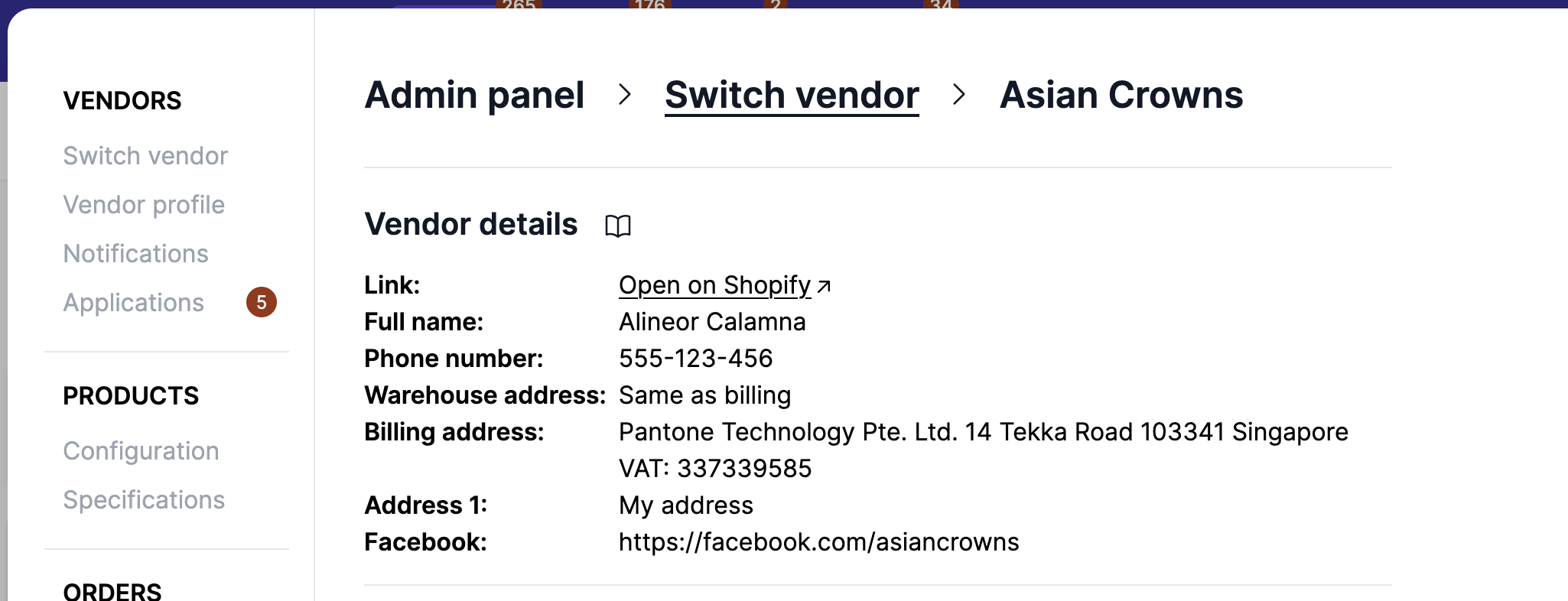 Vendor details profile