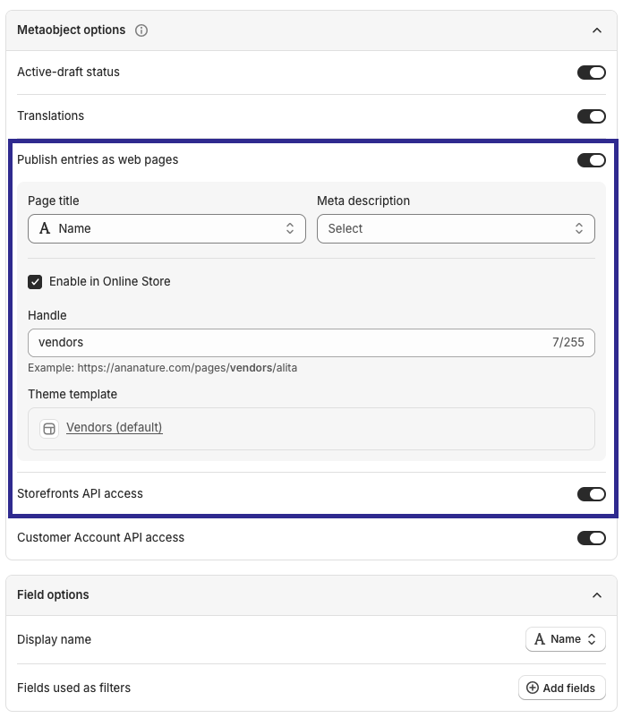 Metaobject options with toggles enabled
