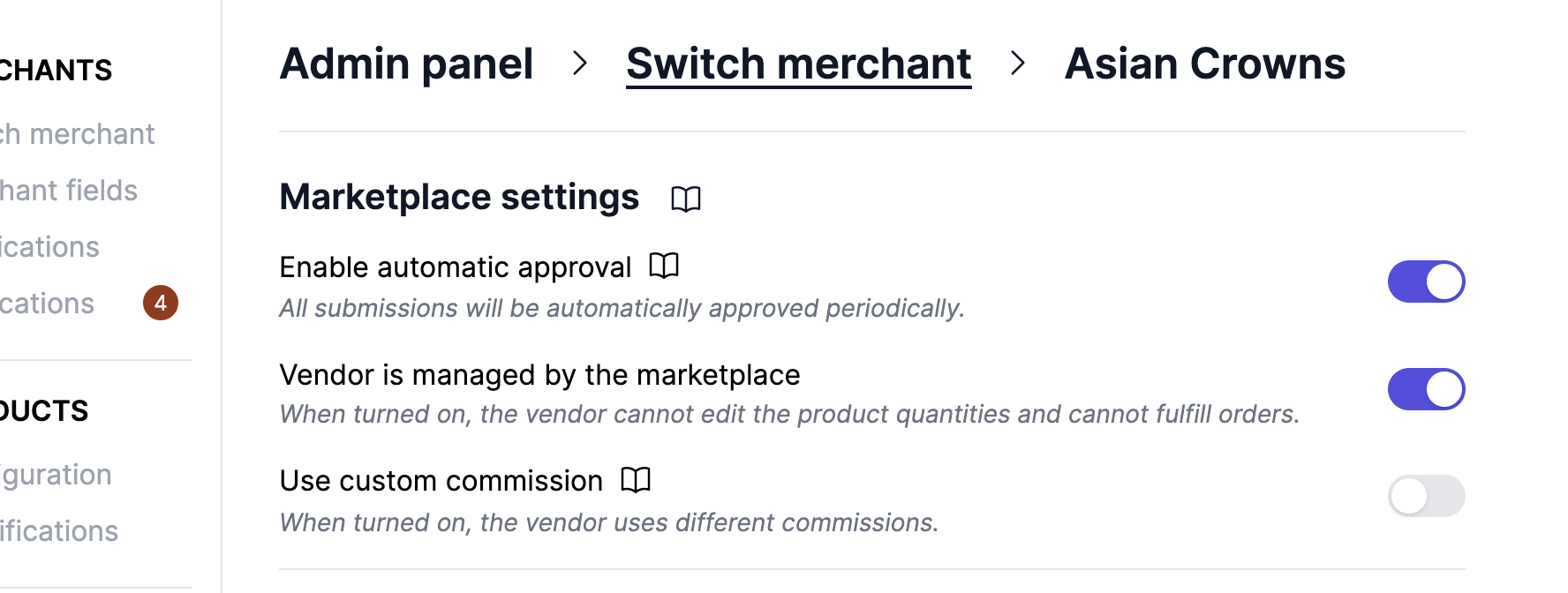 Warehouse vendor settings